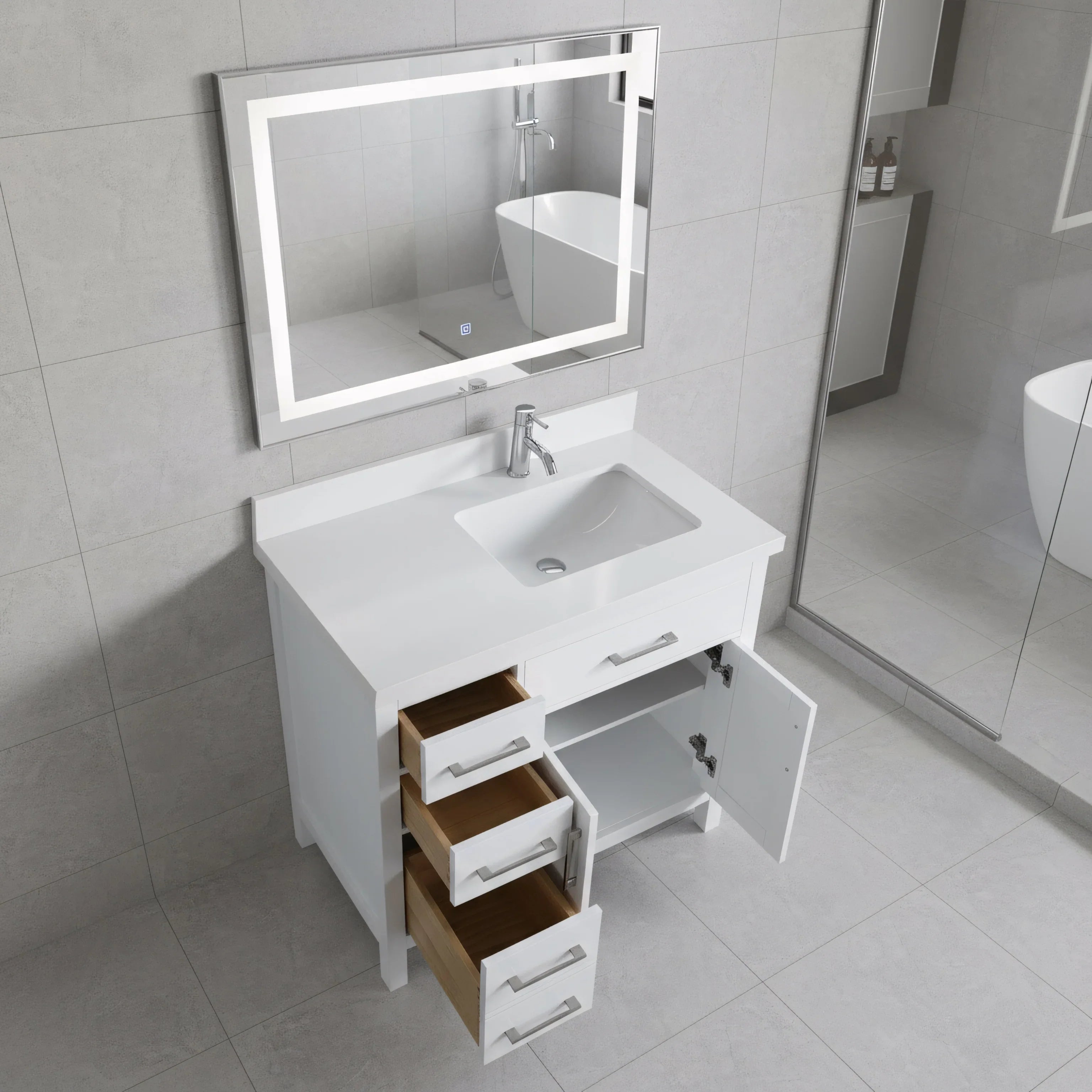 36" White Freestanding Single Sink Bathroom Vanity with Snow White Quartz Countertop