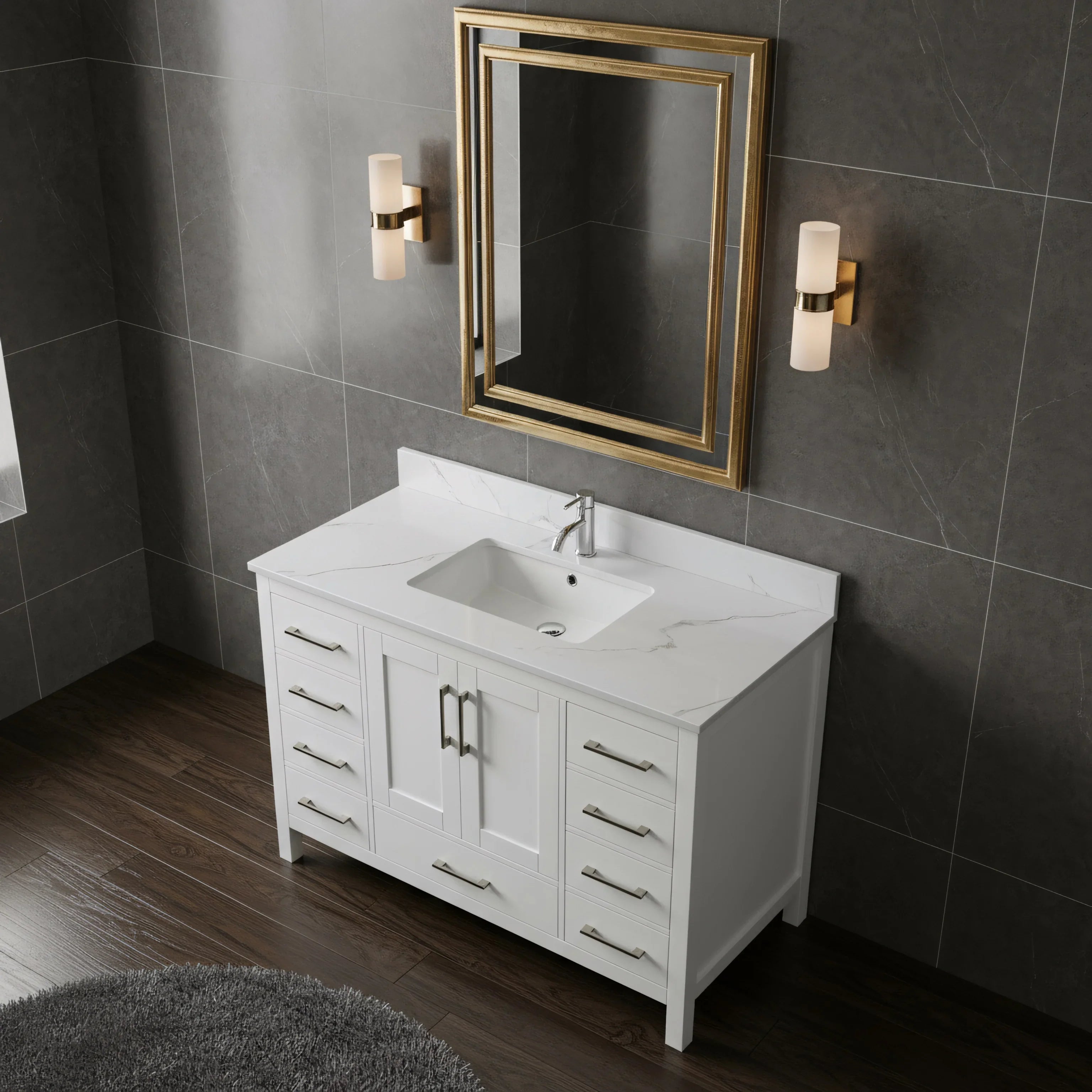 48" White Freestanding Bathroom Vanity with Engineered Calcutta Marble Countertop