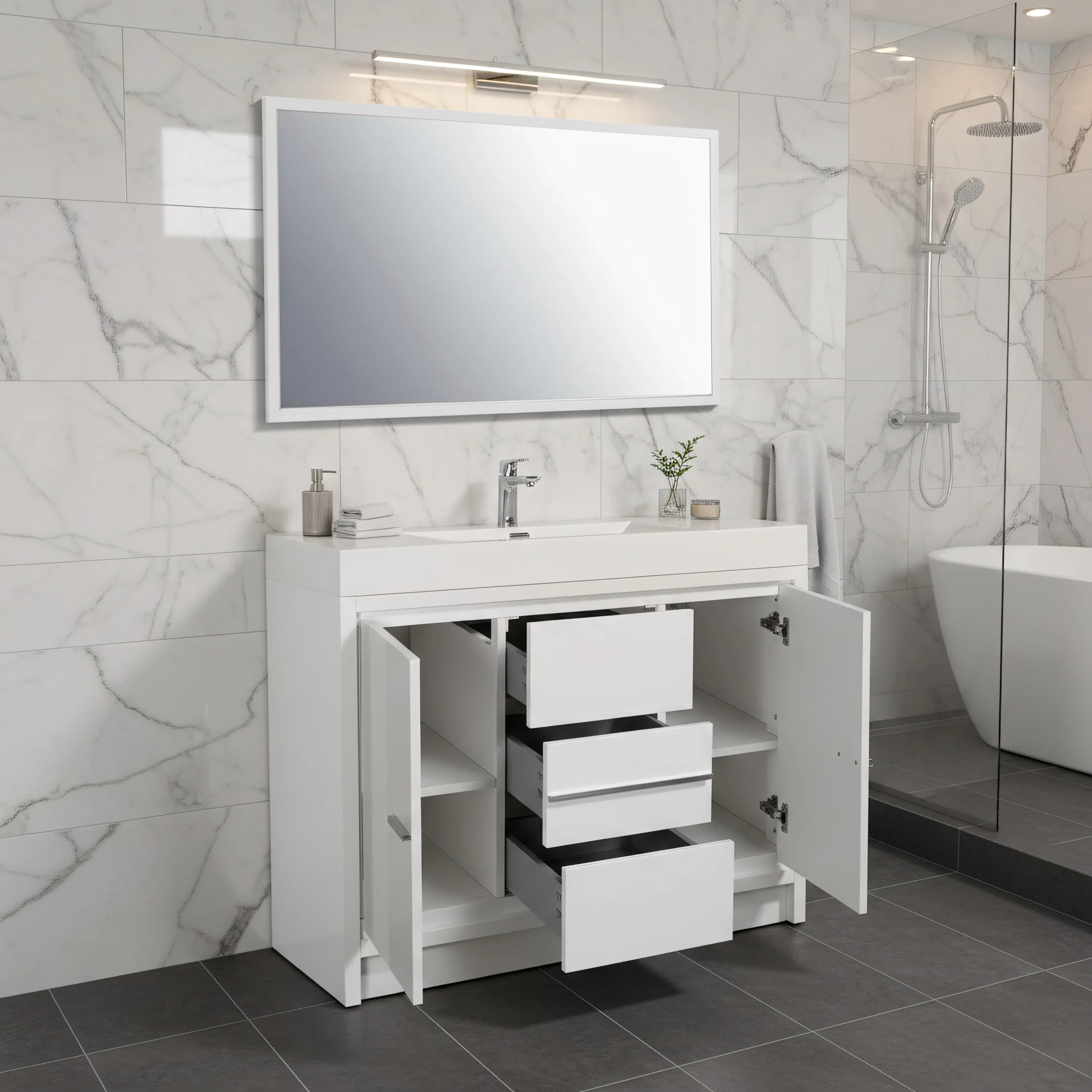 48" Glossy White Freestanding Single Sink Bathroom Vanity with White Polymarble Countertop
