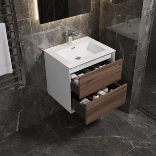 24" Walnut Wall Mount Vanity with White Polymarble Countertop