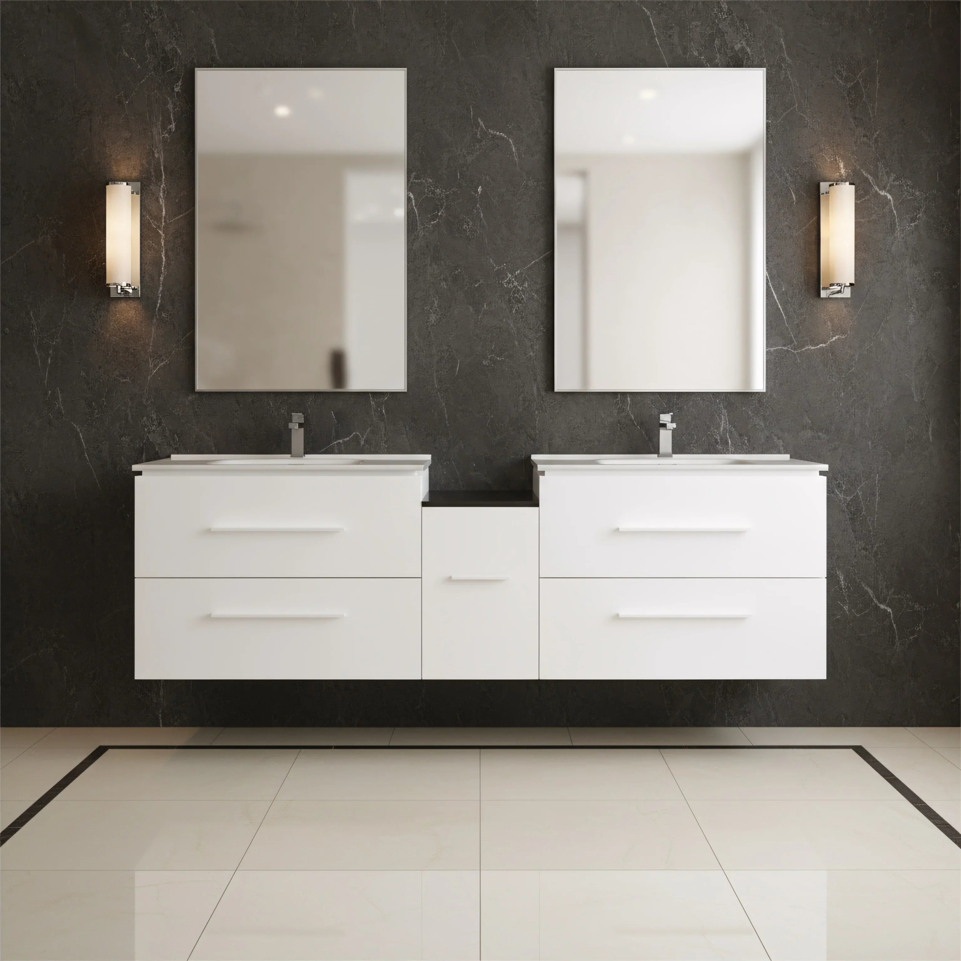60" Matte White Wall Mount Double Sink Bathroom Vanity with White Ceramic Countertop