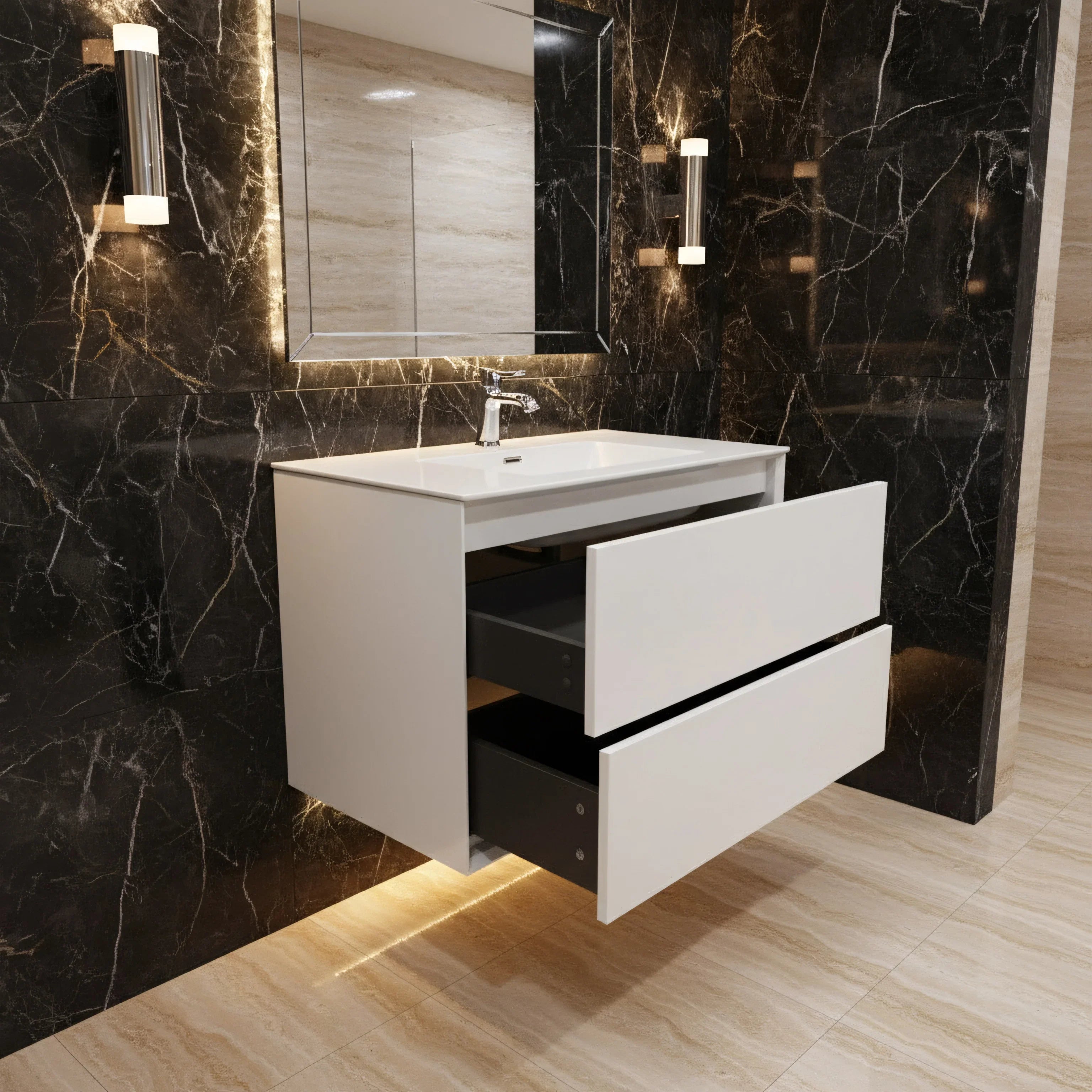 30" White Wall Mount Vanity with White Polymarble Countertop