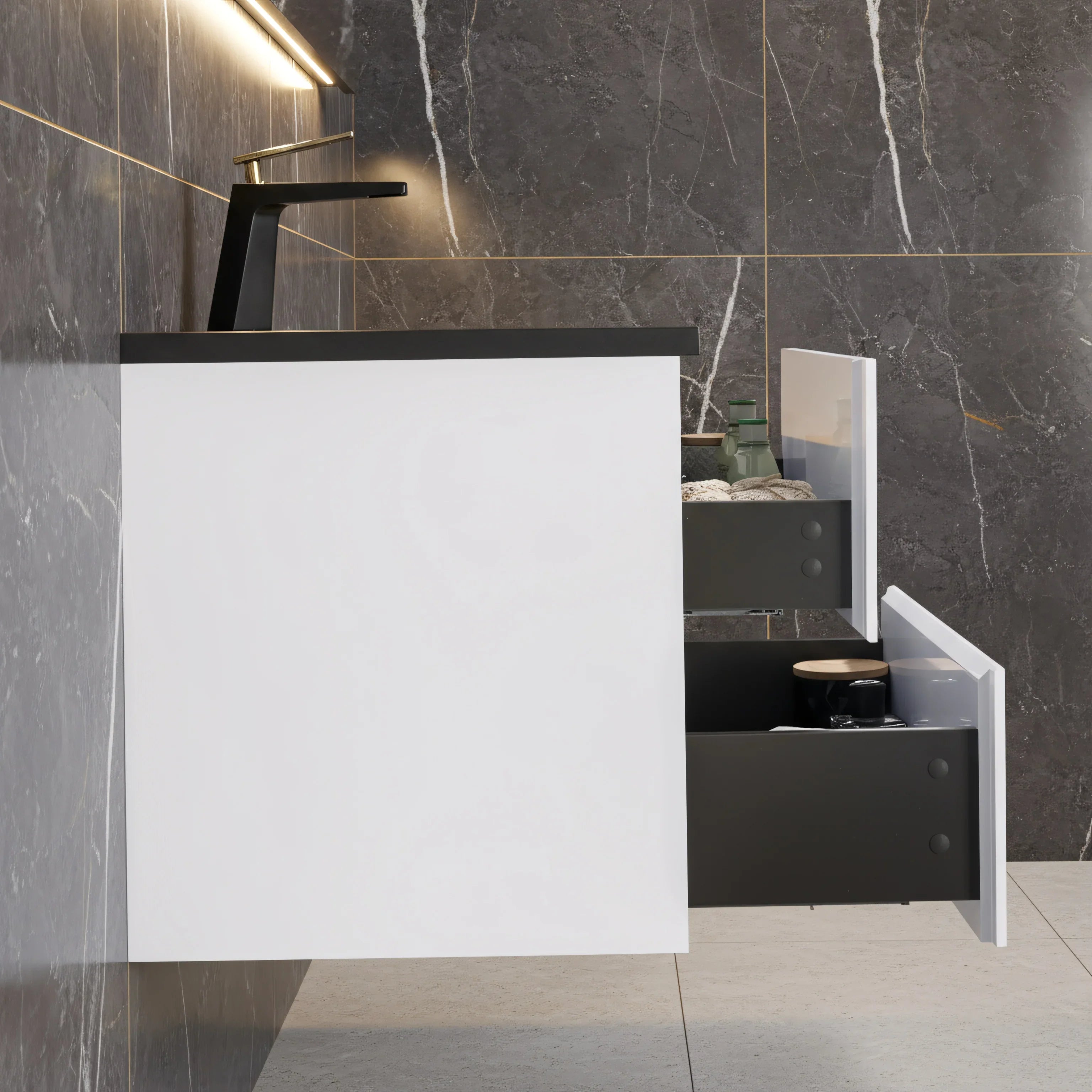 48" White Wall Mount Single Sink Bathroom Vanity with Black Engineered Quartz Countertop