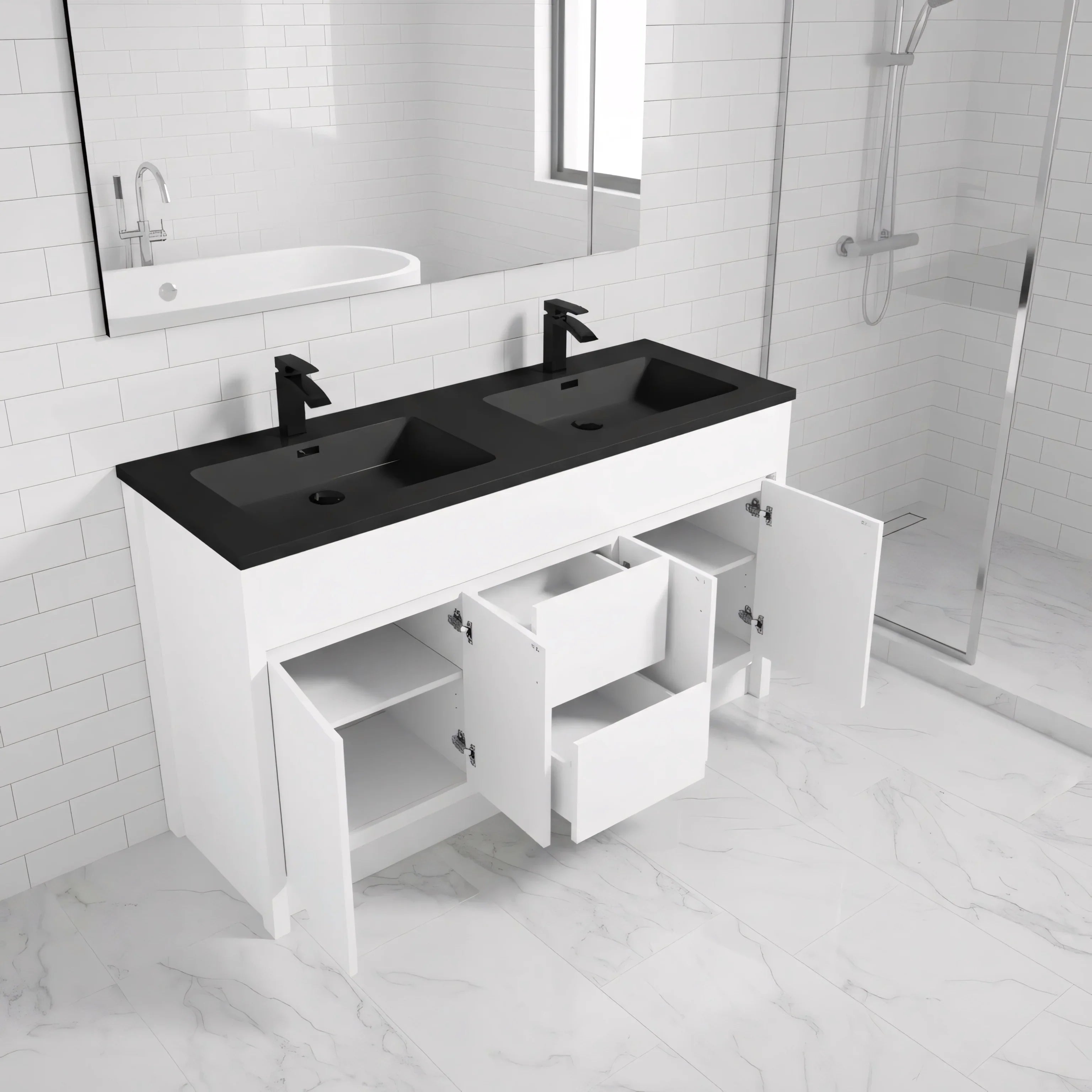 60" Matte White Freestanding Double Sink Bathroom Vanity with Black Engineered Quartz Countertop
