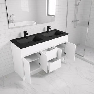 60" Matte White Freestanding Double Sink Bathroom Vanity with Black Engineered Quartz Countertop