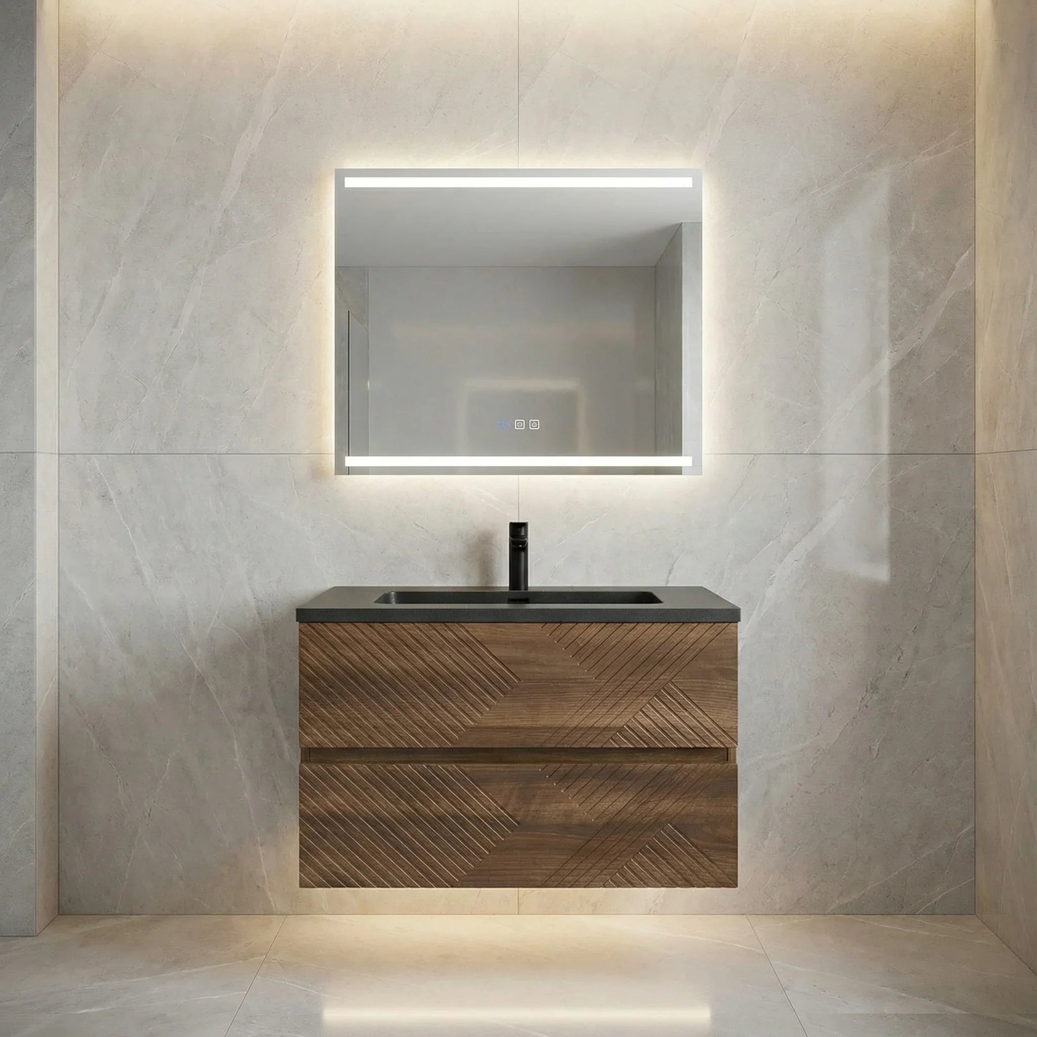 30" Walnut Wall Mount Single Sink Bathroom Vanity with Black Engineered Quartz Countertop