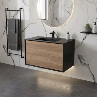Meuble-Lavabo Mural 36po Noir et Chêne Brut avec Comptoir de Quartz d'ingénierie Noir