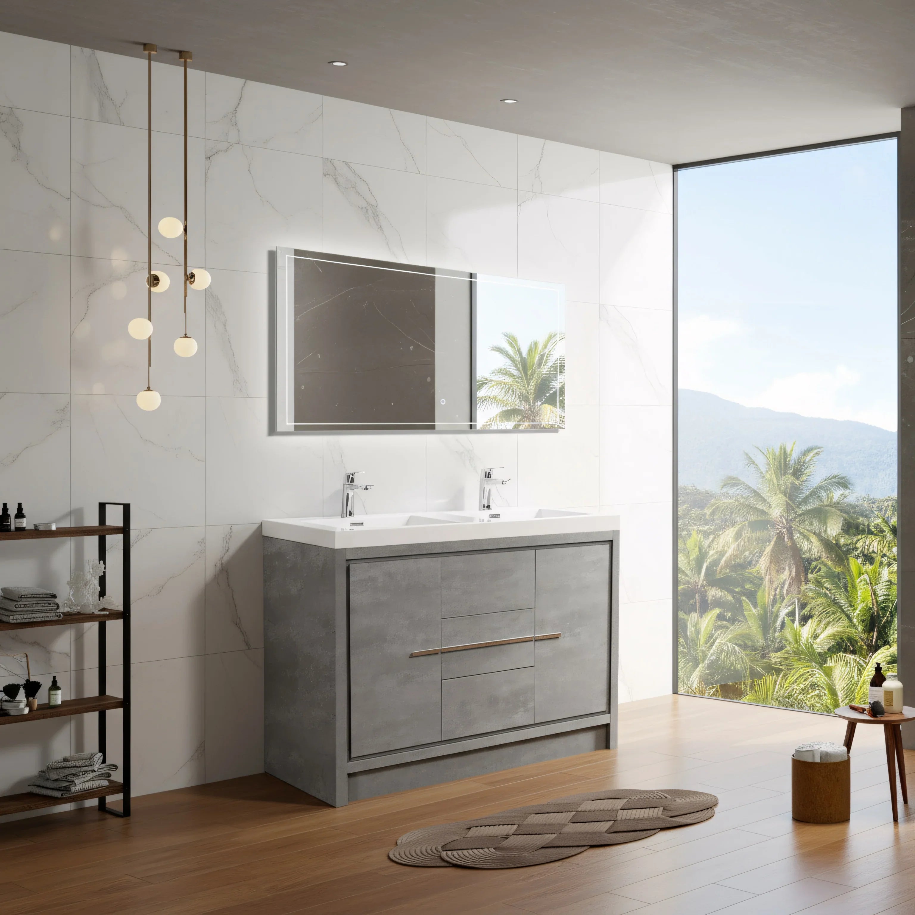 60" Cement Freestanding Double Sink Bathroom Vanity with White Polymarble Countertop