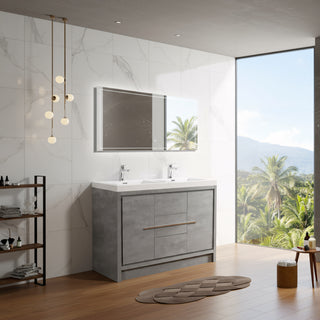 60" Cement Freestanding Double Sink Bathroom Vanity with White Polymarble Countertop