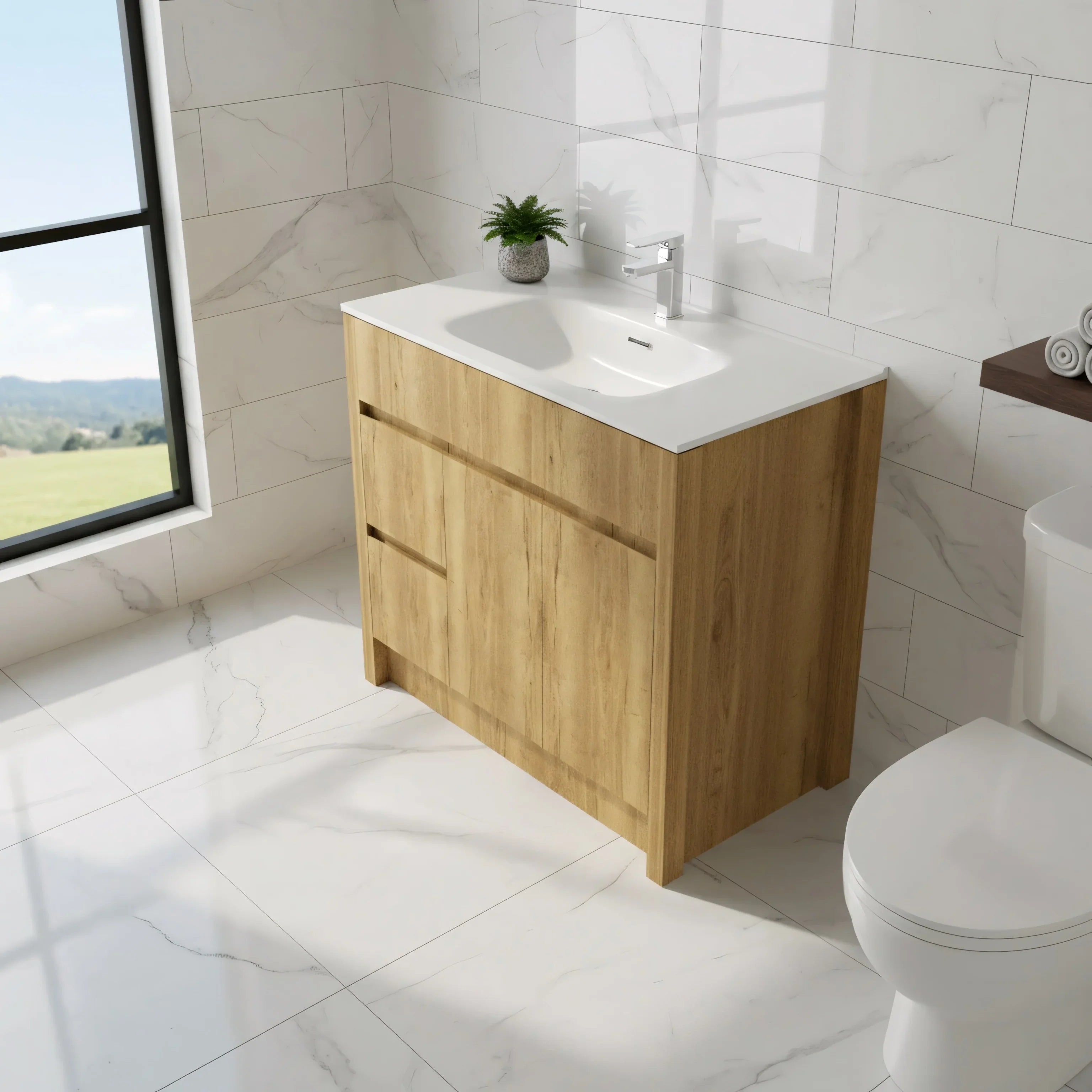 Meuble-Lavabo Autoportant 40po Chêne Givré avec Comptoir de Céramique Blanc