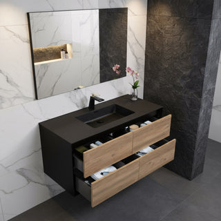 48" Black & Rough Oak Wall Mount Single Sink Bathroom Vanity with Black Engineered Quartz Countertop