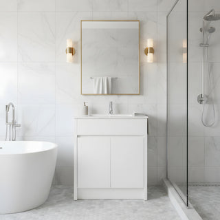 Meuble-Lavabo Autoportant 30po Chêne Blanc avec Comptoir de Céramique Blanc