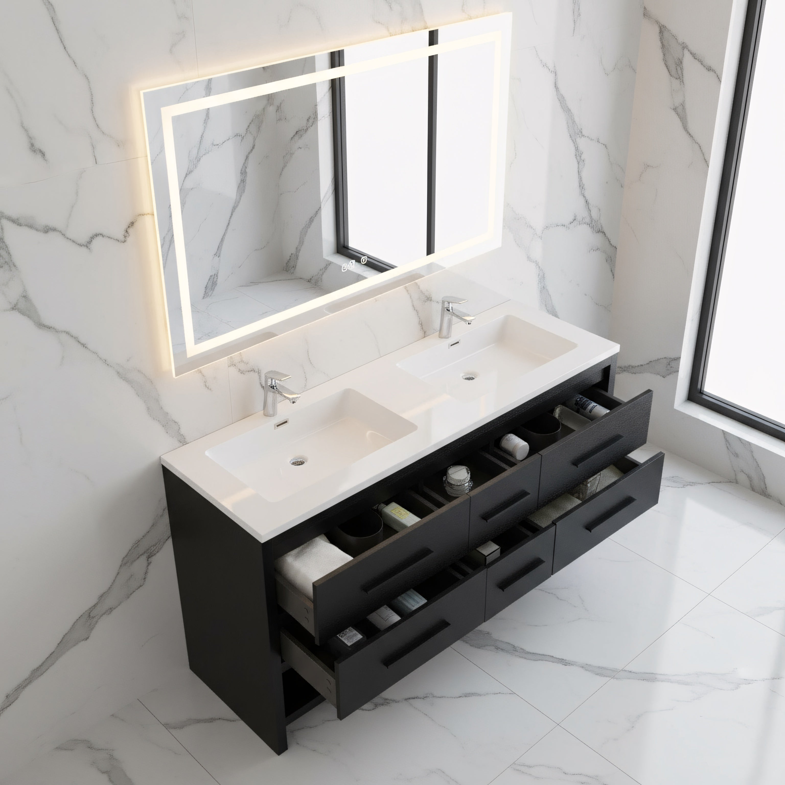 72" Black Rough Oak Freestanding Double Sink Bathroom Vanity with White Polymarble Countertop