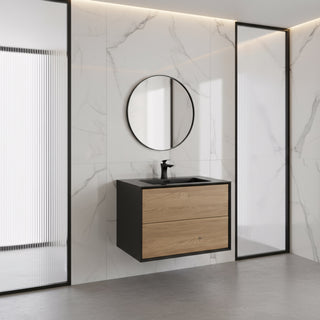 30" Black & Rough Oak Wall Mount Vanity with Black Engineered Quartz Countertop