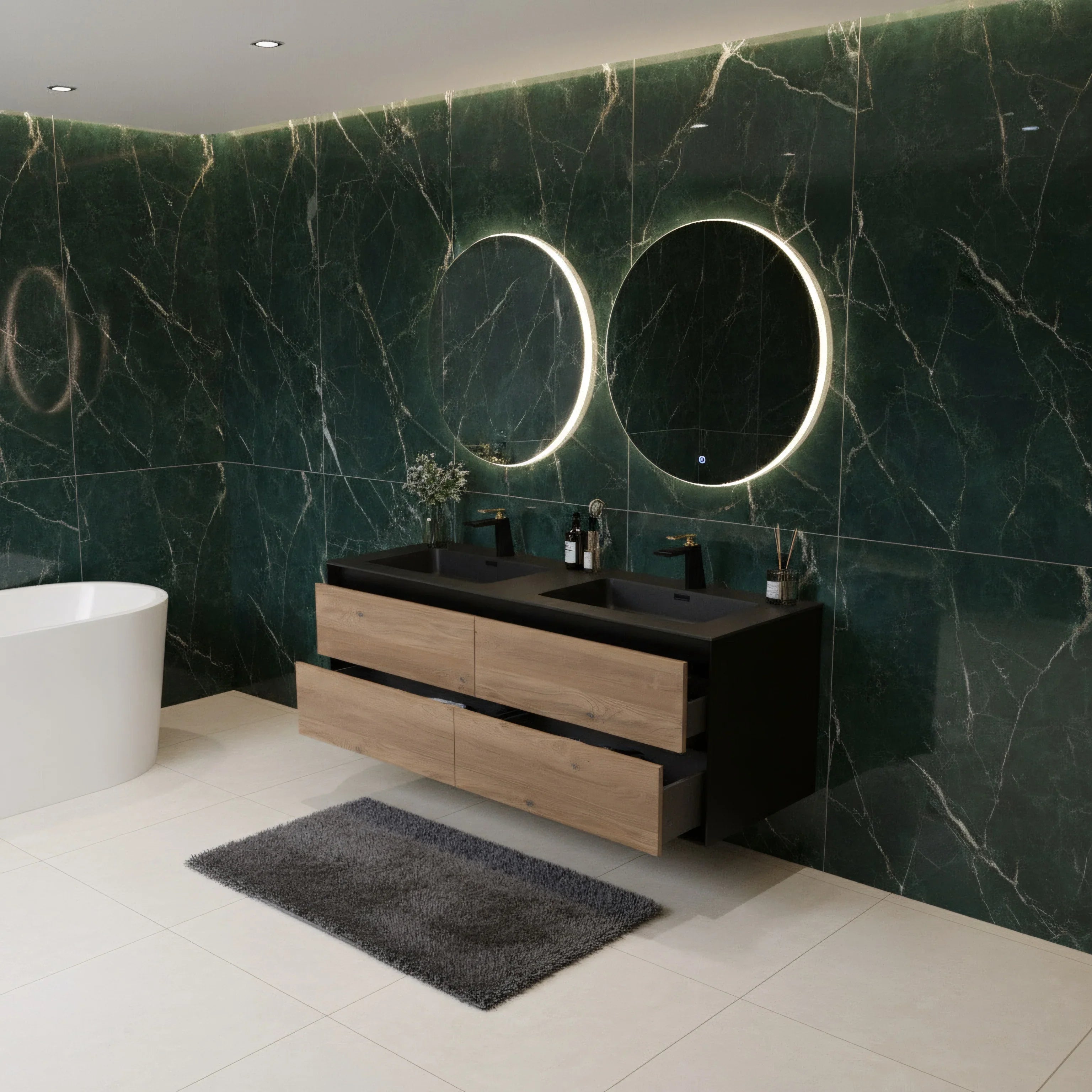 60" Black & Rough Oak Wall Mount Double Sink Bathroom Vanity with Black Engineered Quartz Countertop