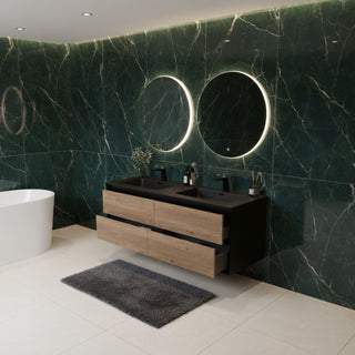 60" Black & Rough Oak Wall Mount Double Sink Bathroom Vanity with Black Engineered Quartz Countertop