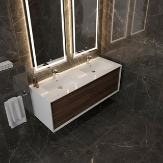 Meuble-lavabo double mural en noyer de 60" avec Comptoir en polymarbre blanc Fleur