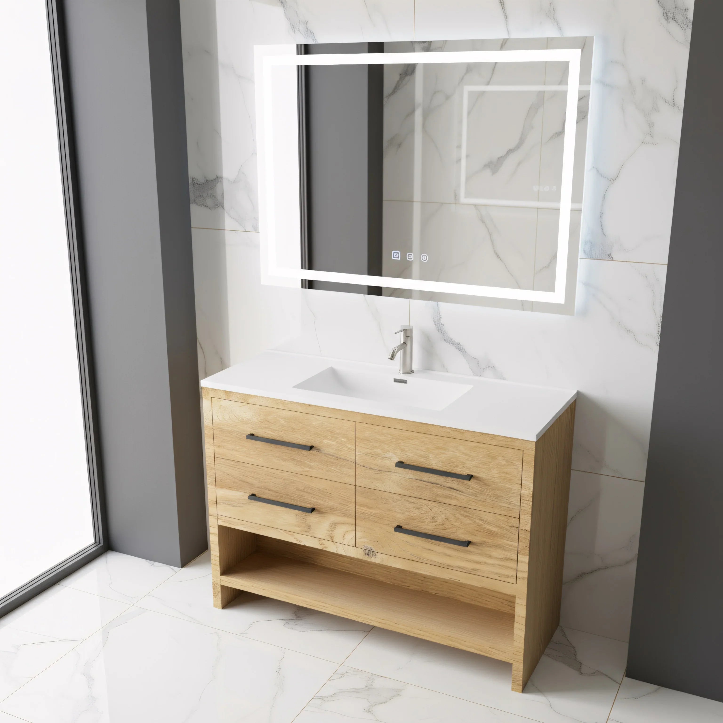 48" Rough Oak Freestanding Bathroom Vanity with White Polymarble Countertop