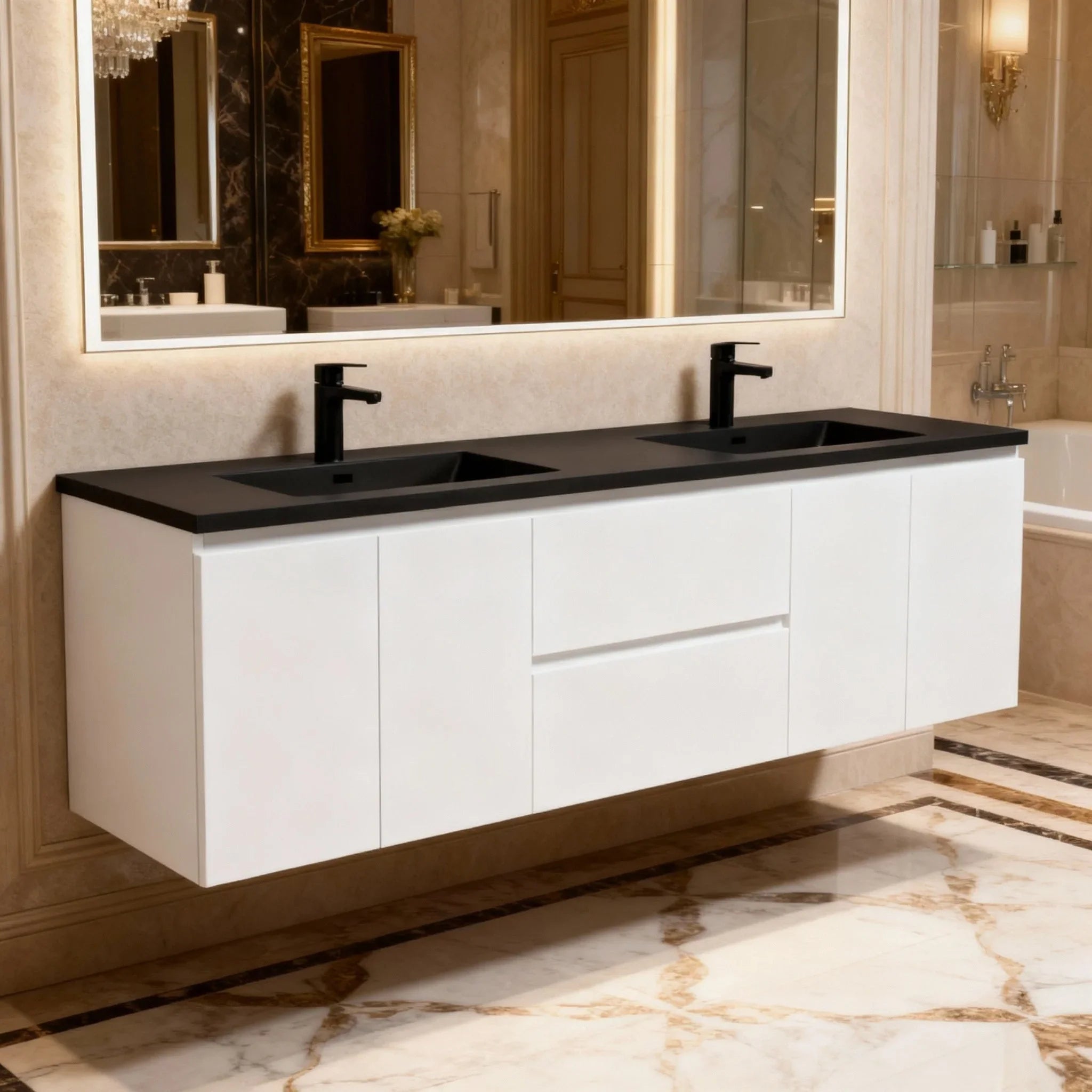 Meuble-Lavabo Mural 72po Blanc avec Comptoir de Quartz d'ingénierie Noir