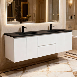 Meuble-Lavabo Mural 72po Blanc avec Comptoir de Quartz d'ingénierie Noir