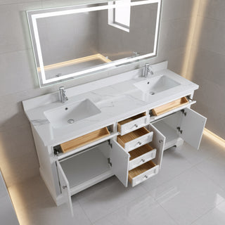 72" White Freestanding Double Sink Bathroom Vanity with Engineered Calcutta Marble Countertop
