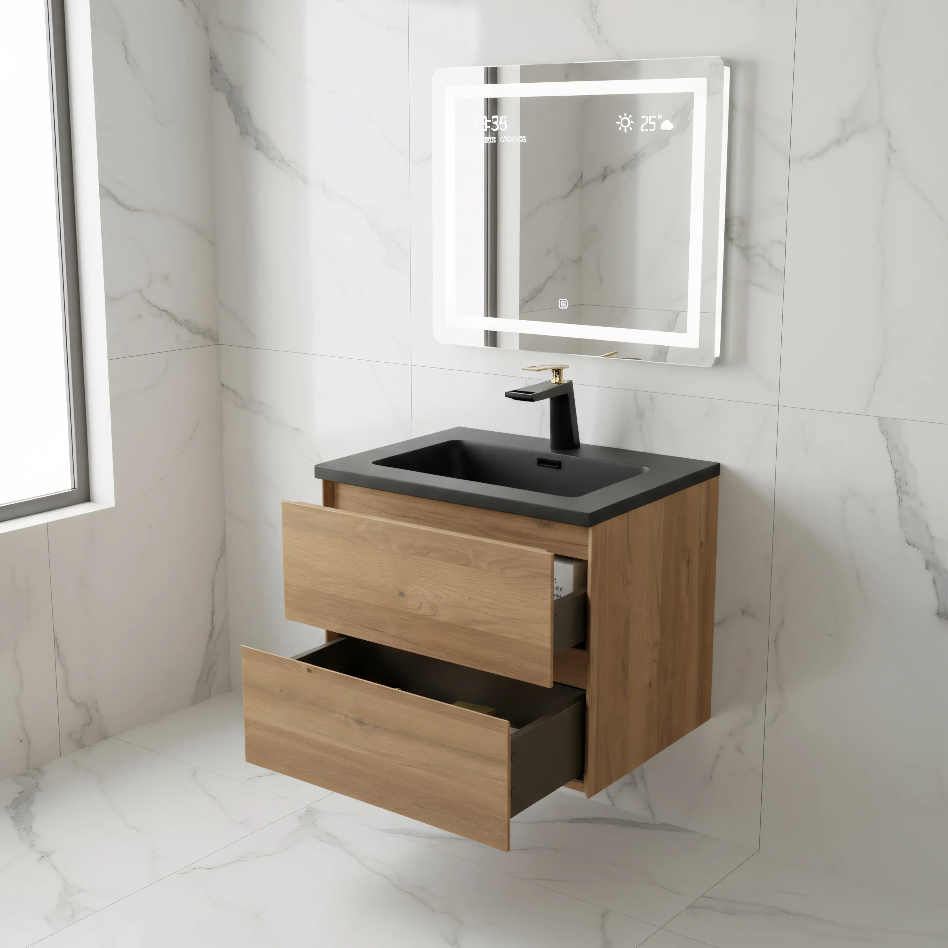 Meuble-Lavabo Mural 24po Chêne Brut avec Comptoir de Quartz d'ingénierie Noir