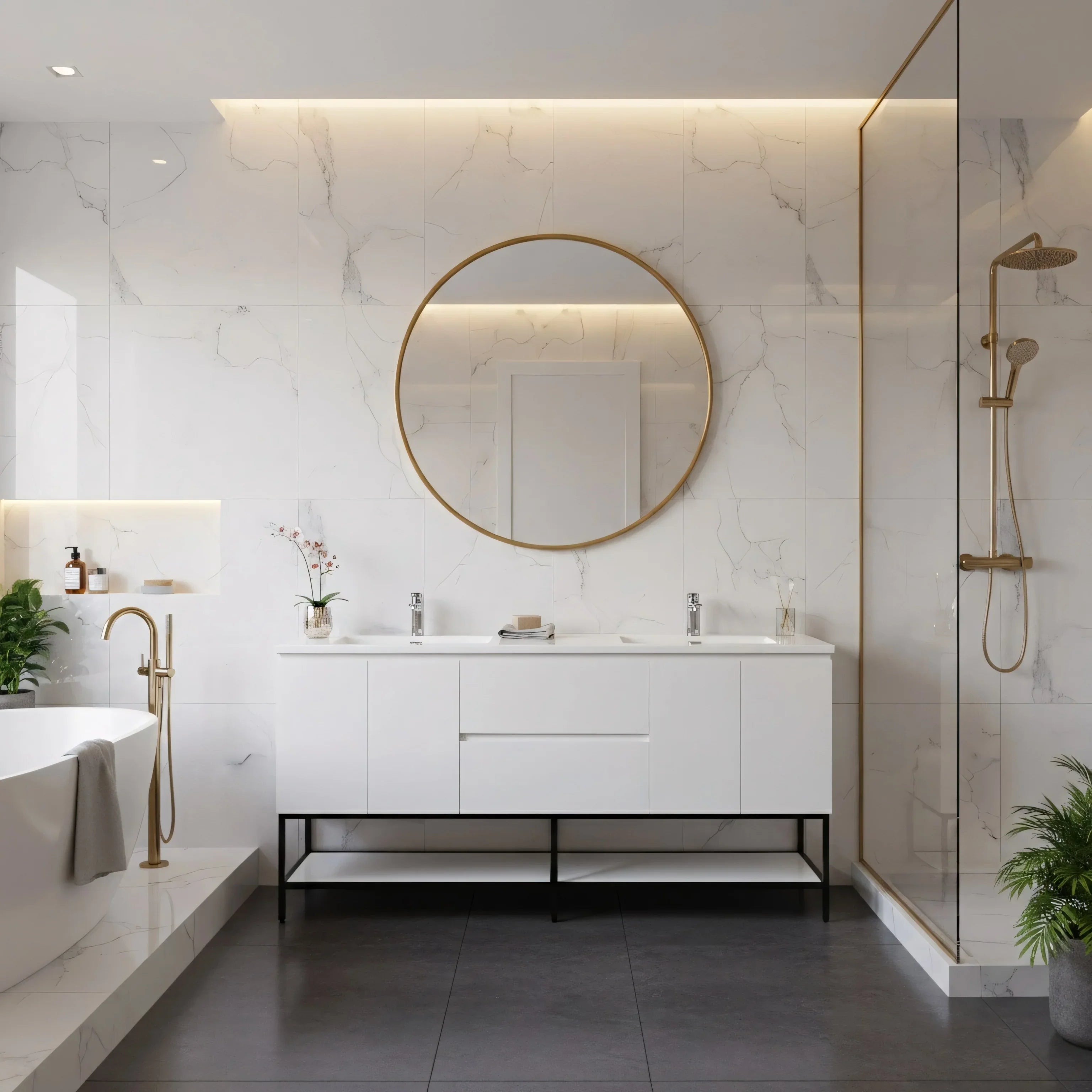 72" White Wall Mount Double Sink Bathroom Vanity with White Polymarble Countertop