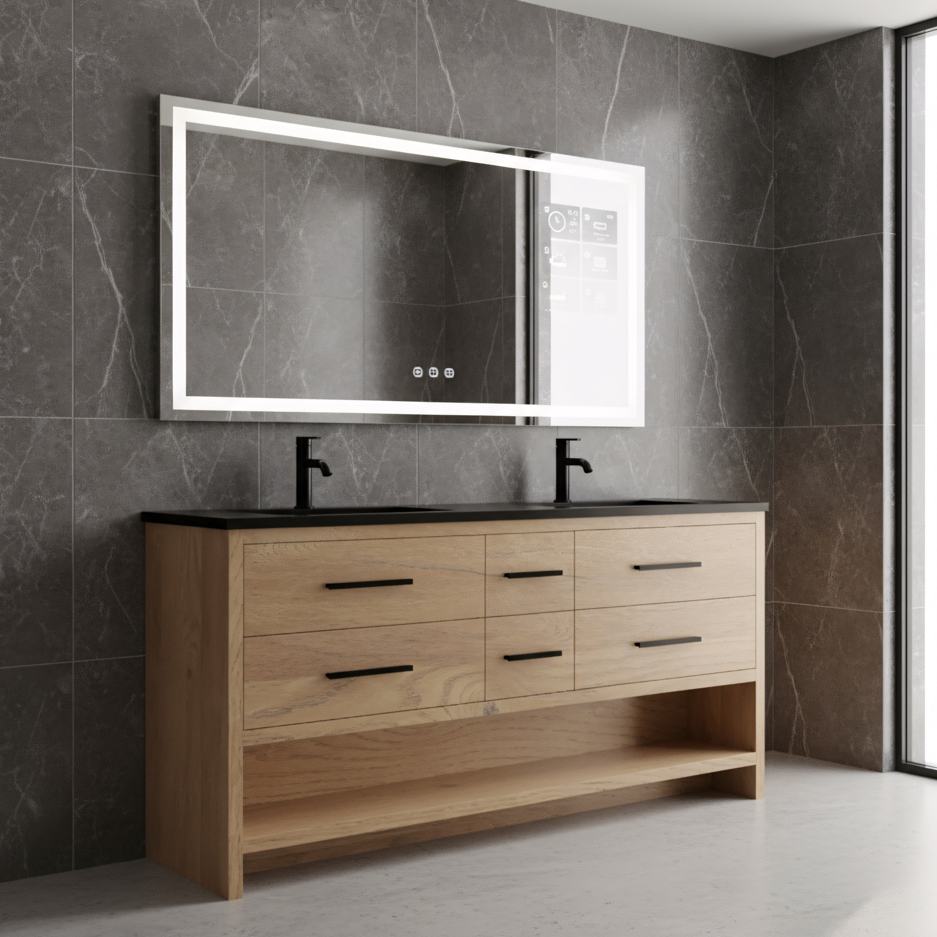 Meuble-Lavabo Autoportant 72po Chêne Brut avec Comptoir de Quartz d'ingénierie Noir