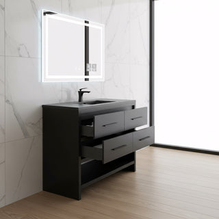 48" Black Rough Oak Freestanding Bathroom Vanity with Black Engineered Quartz Countertop