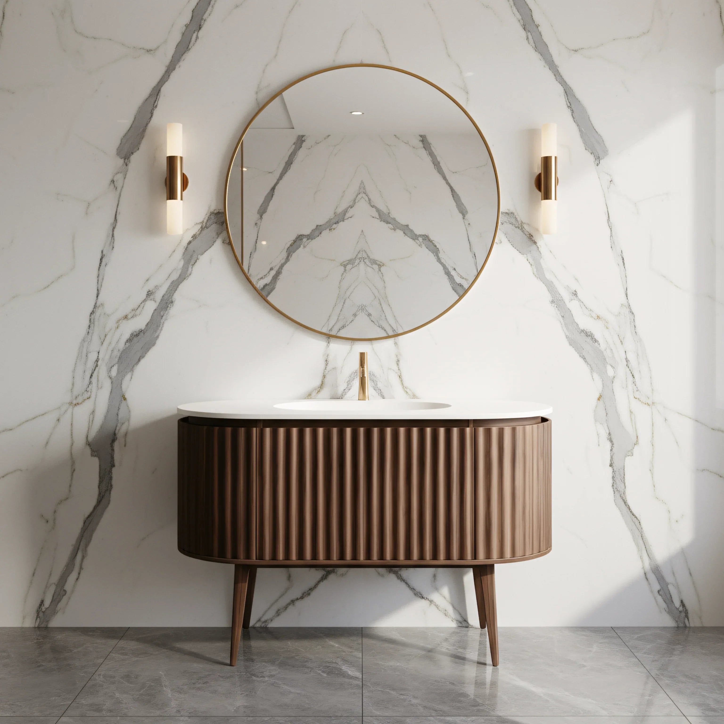 Meuble-lavabo 48 po en noyer courbé et cannelé - Comptoir blanc mat