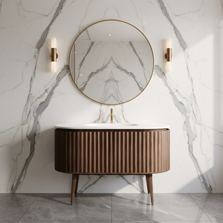 Meuble-lavabo Andorra 48 po en noyer courbé et cannelé - Comptoir blanc mat