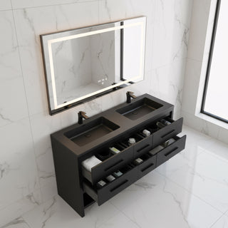 72" Black Rough Oak Freestanding Bathroom Vanity with Black Engineered Quartz Countertop