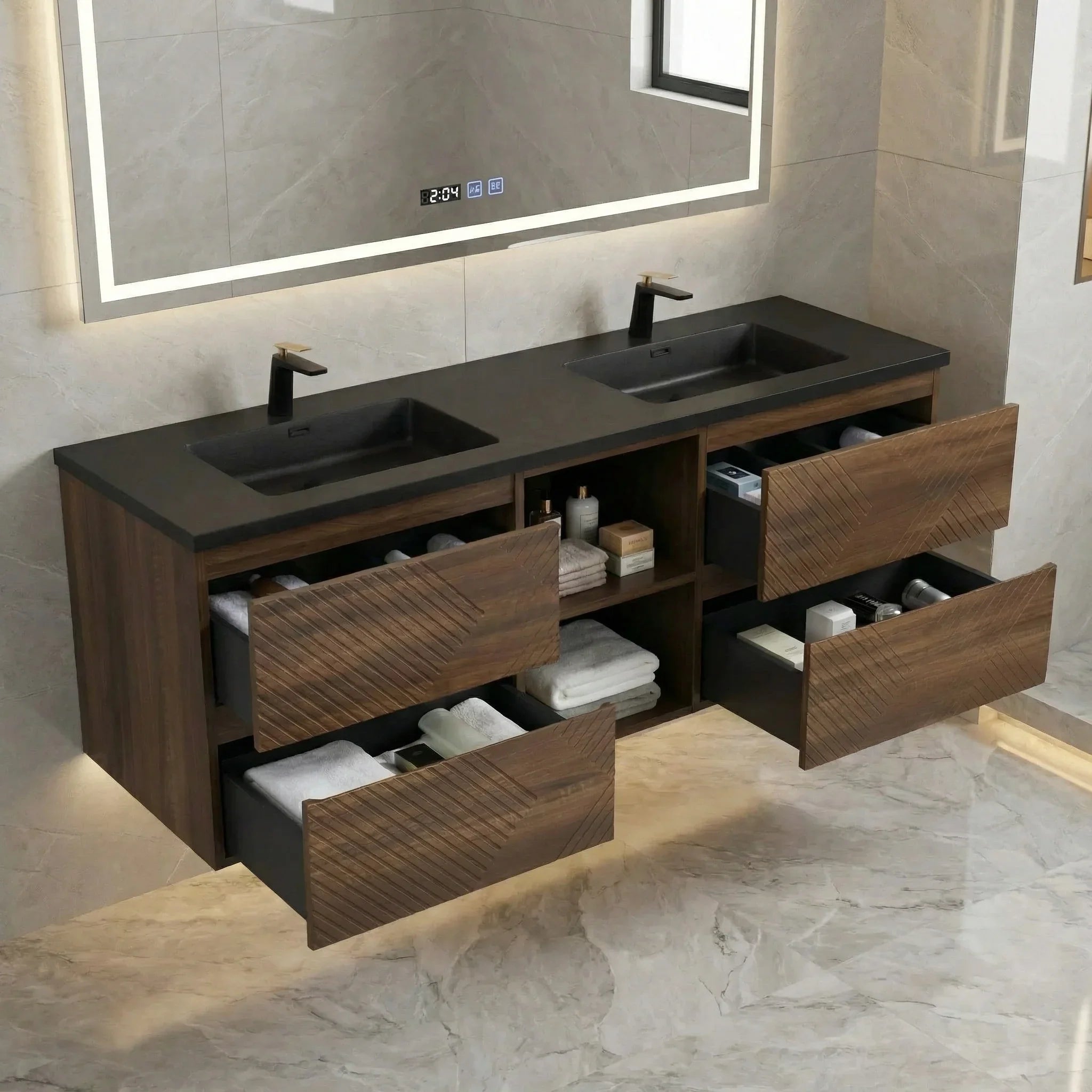 72" Walnut Wall Mount Double Sink Bathroom Vanity with Black Engineered Quartz Countertop