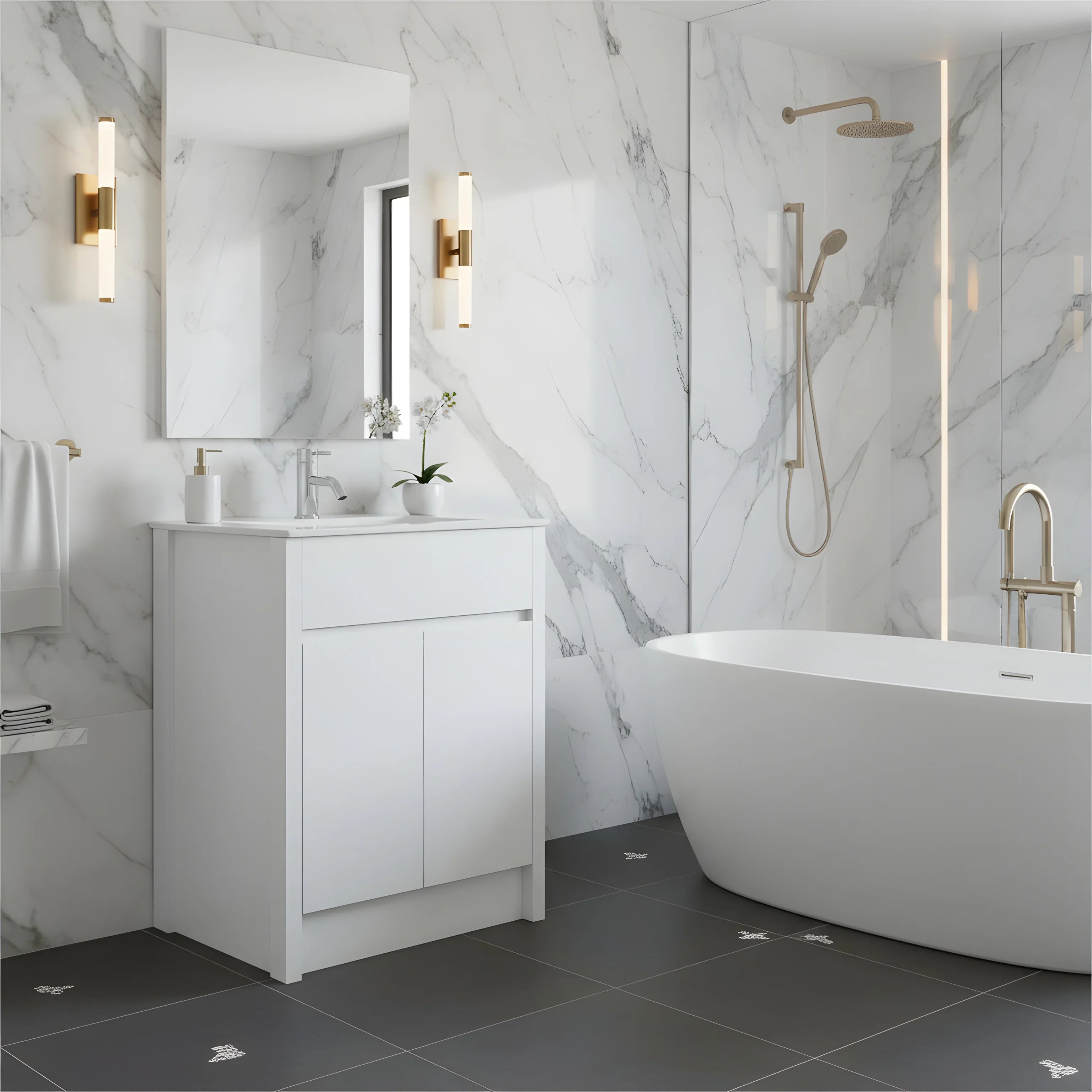 30" White Oak Freestanding Bathroom Vanity with White Ceramic Countertop