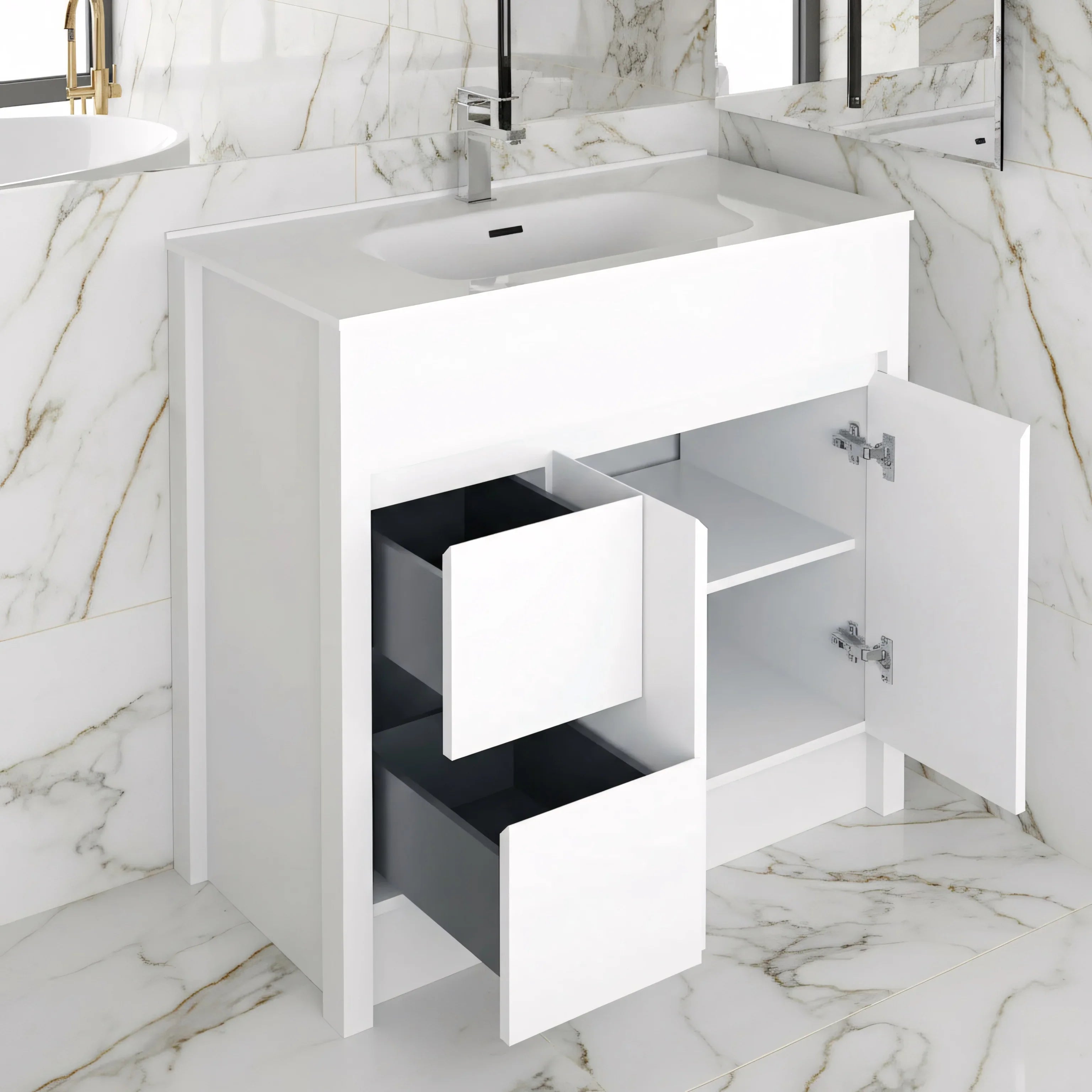 40" Matte White Freestanding Single Sink Bathroom Vanity with White Ceramic Countertop