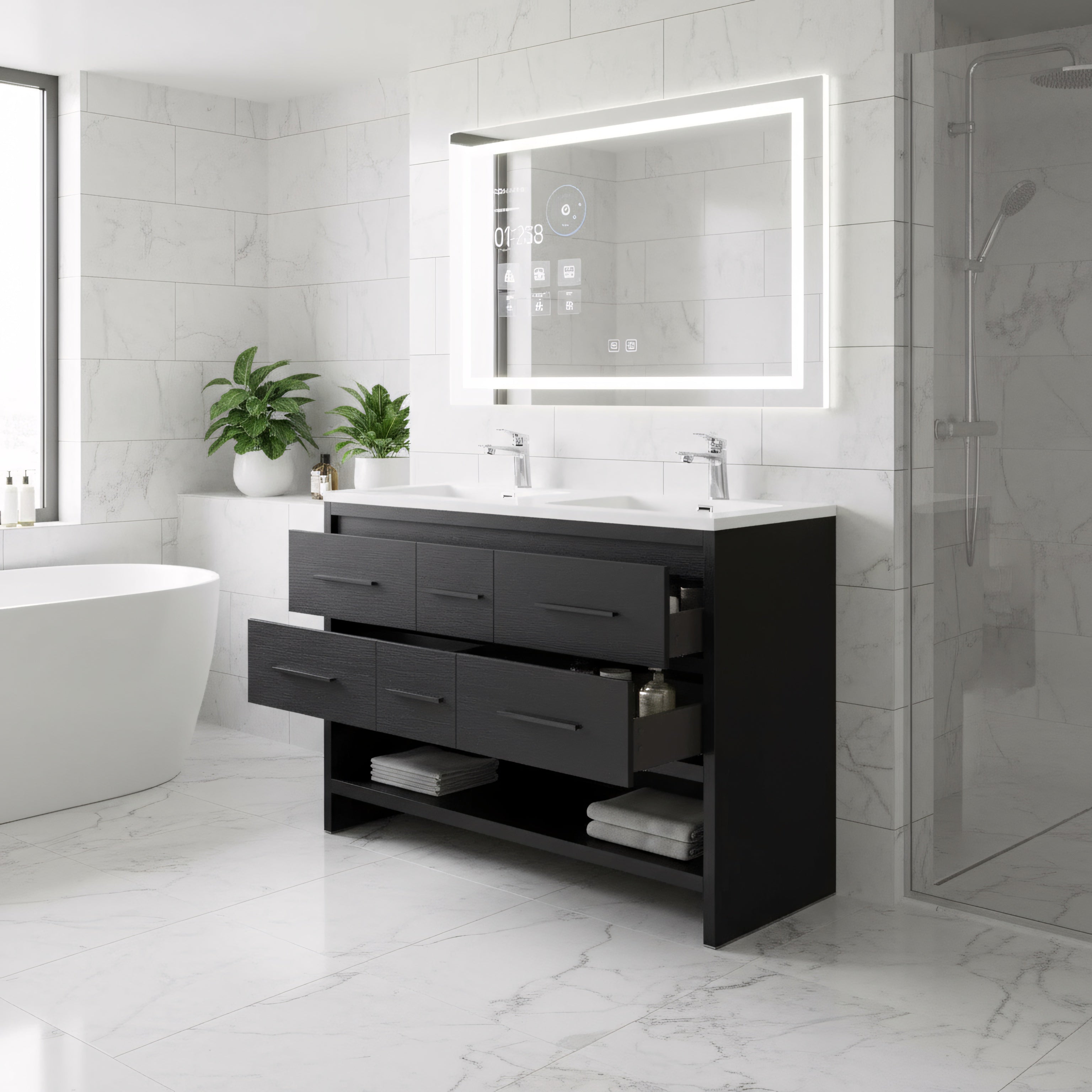 72" Black Rough Oak Freestanding Double Sink Bathroom Vanity with White Polymarble Countertop