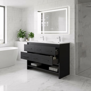 72" Black Rough Oak Freestanding Double Sink Bathroom Vanity with White Polymarble Countertop