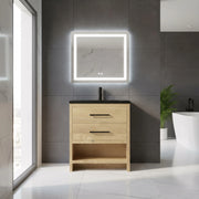 30" Rough Oak Freestanding Bathroom Vanity with Black Engineered Quartz Countertop