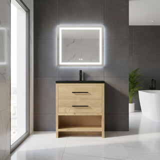 30" Rough Oak Freestanding Bathroom Vanity with Black Engineered Quartz Countertop