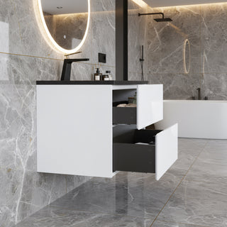 Meuble-lavabo mural blanc 30" pour salle de bain avec Comptoir en quartz noir reconstitué