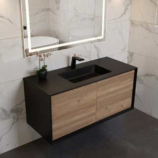 48" Black & Rough Oak Wall Mount Single Sink Bathroom Vanity with Black Engineered Quartz Countertop