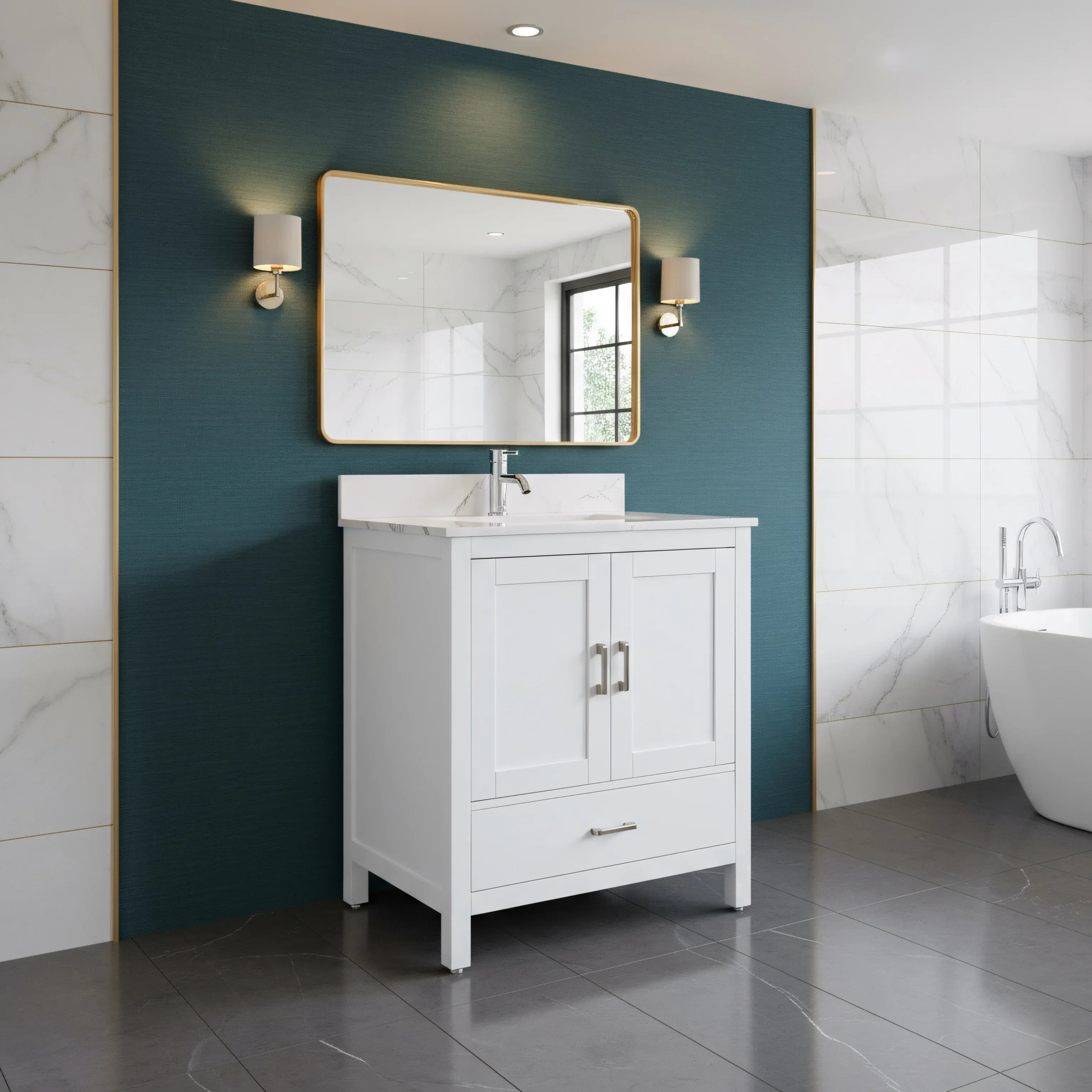 Meuble-Lavabo Autoportant 30po Blanc avec Comptoir de Polymarbre Ingénierie Calcutta