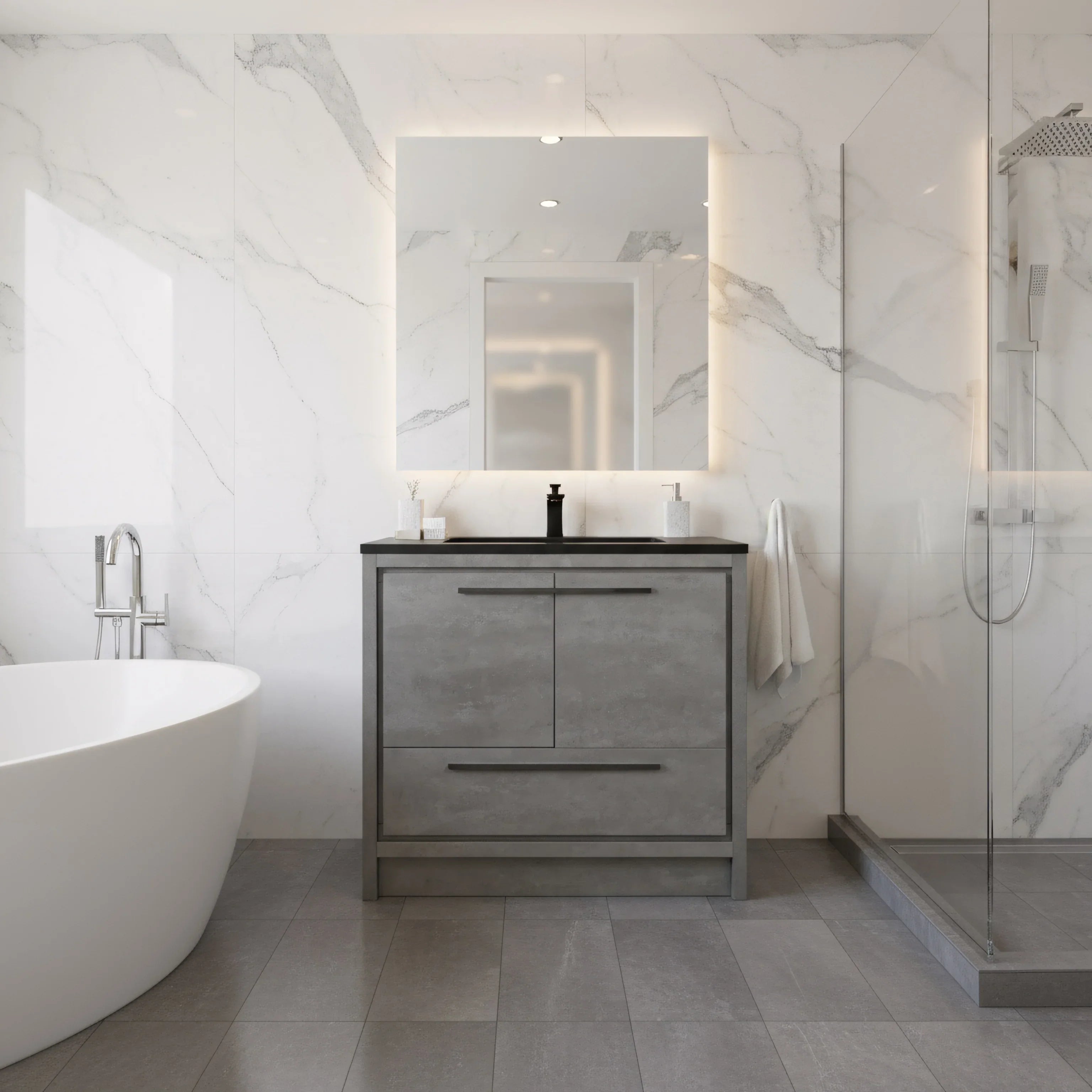 36" Cement Freestanding Bathroom Vanity with Black Quartz Engineered Countertop