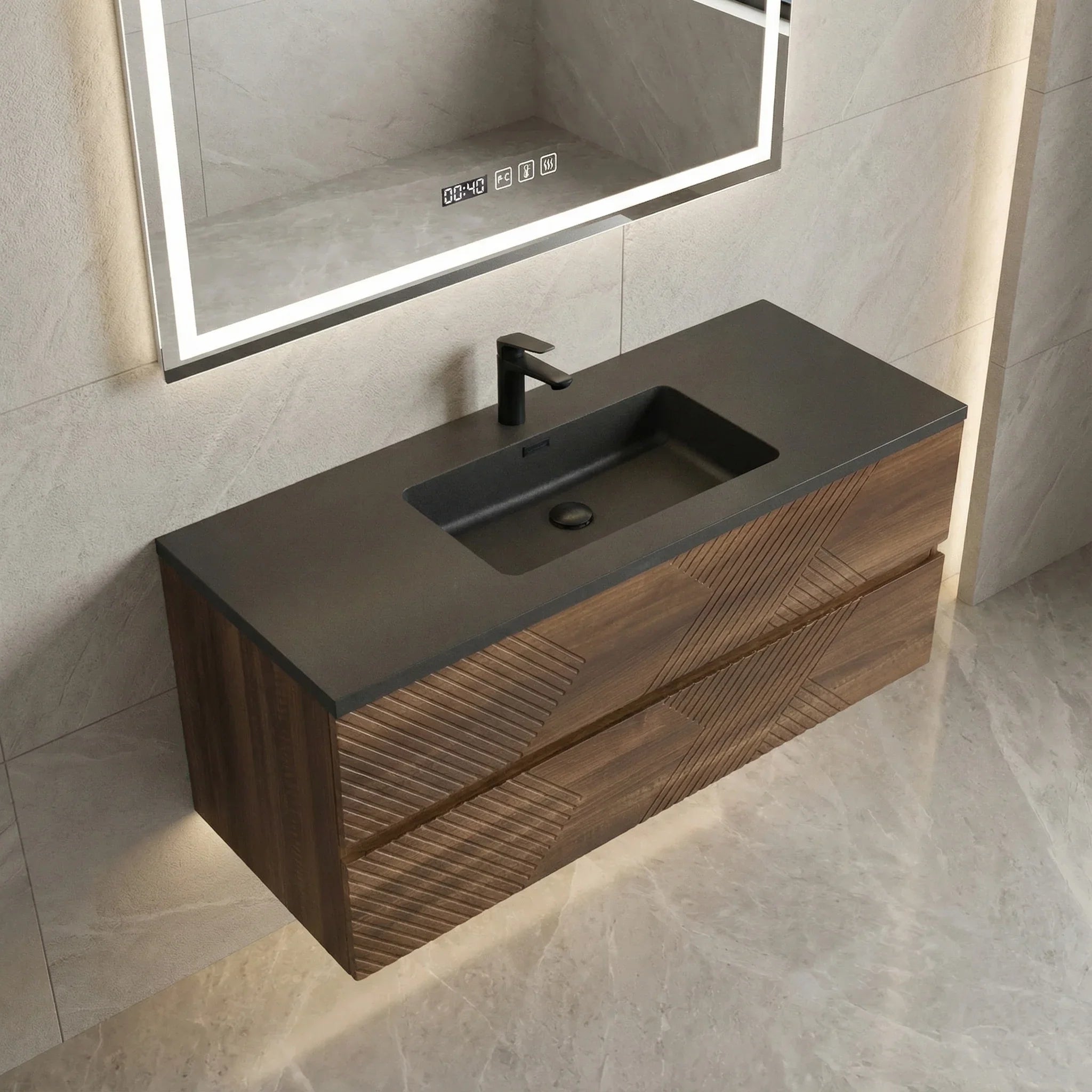 48" Walnut Wall Mount Single Sink Bathroom Vanity with Black Engineered Quartz Countertop