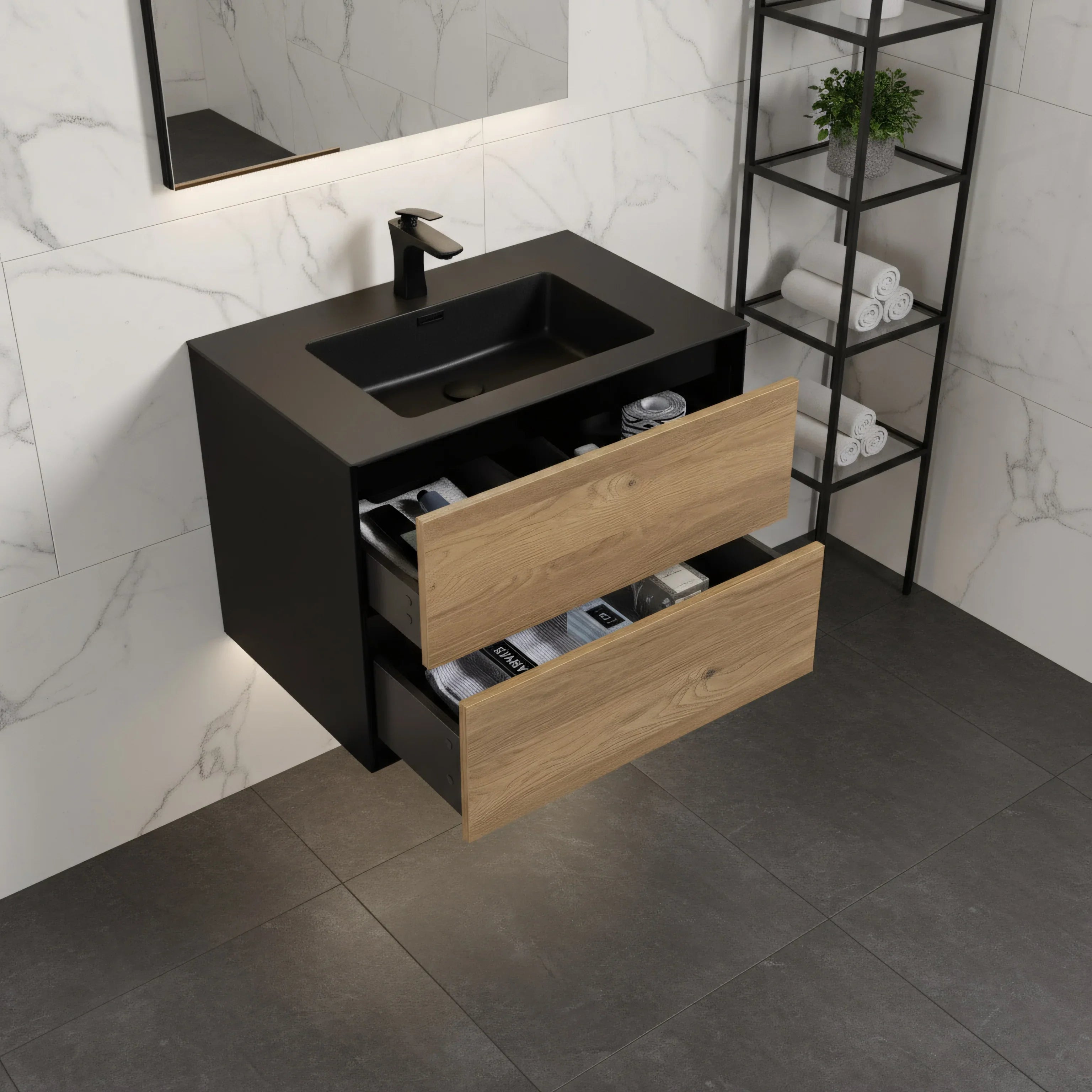 30" Black & Rough Oak Wall Mount Vanity with Black Engineered Quartz Countertop