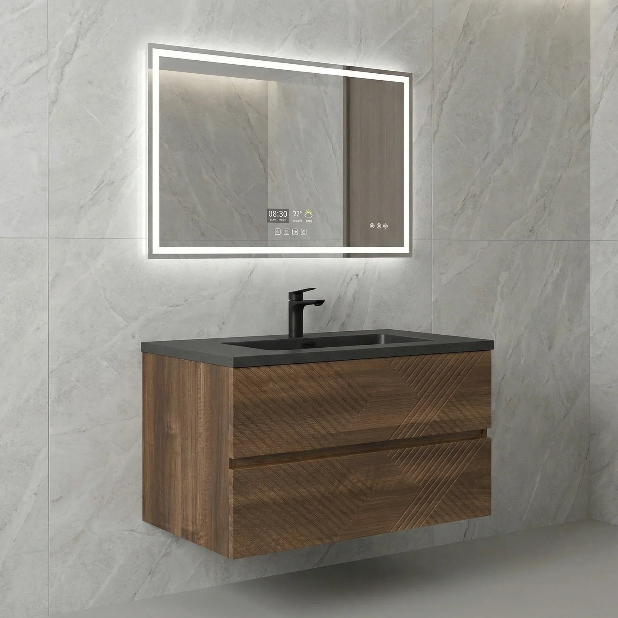 30" Walnut Wall Mount Single Sink Bathroom Vanity with Black Engineered Quartz Countertop