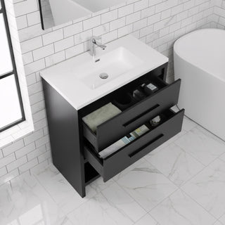 Meuble-Lavabo Autoportant 30po Chêne Noir avec Comptoir de Polymarbre Blanc