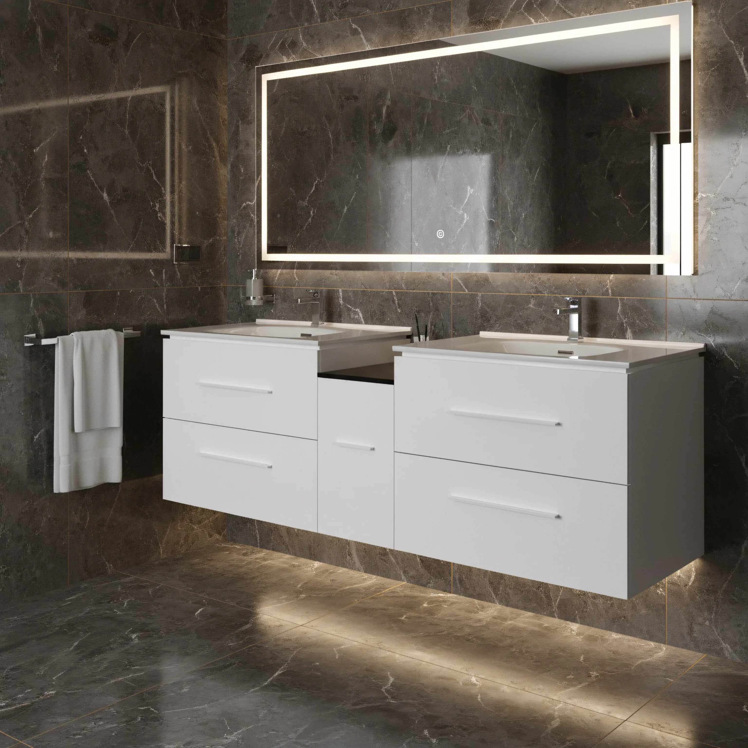 60" Matte White Wall Mount Double Sink Bathroom Vanity with White Ceramic Countertop