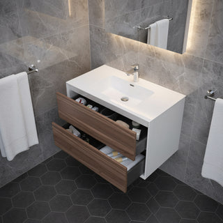 Meuble-lavabo mural en noyer de 36" avec Comptoir en polymarbre blanc