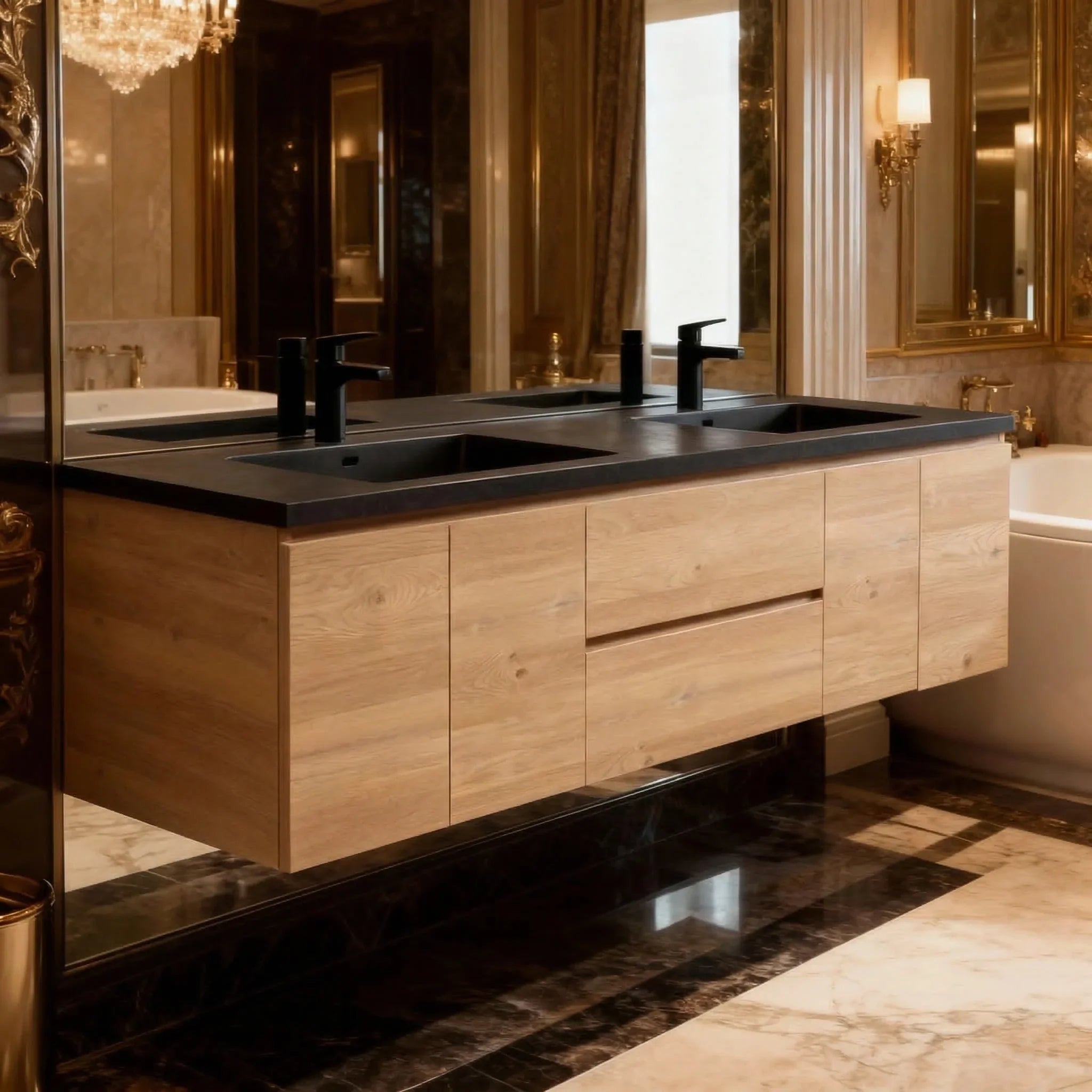 Meuble-Lavabo 72po Chêne Brut avec Comptoir de 72 Quartz Noir Lavabo Double